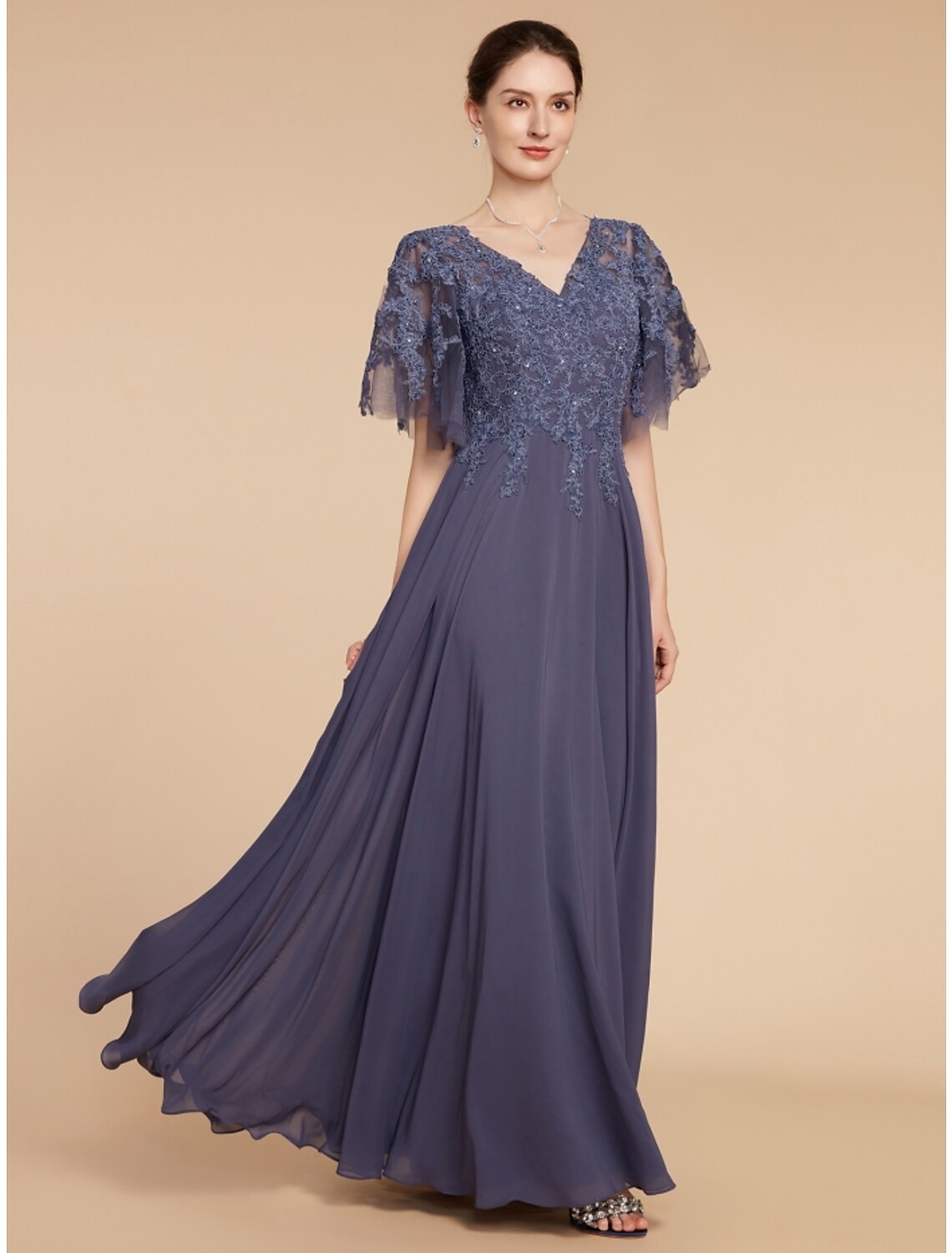 Wholesale A-Line Mother of the Bride Dress Wedding Guest Elegant V Neck Floor Length Chiffon Lace Short Sleeve with Sequin Ruching Solid Color